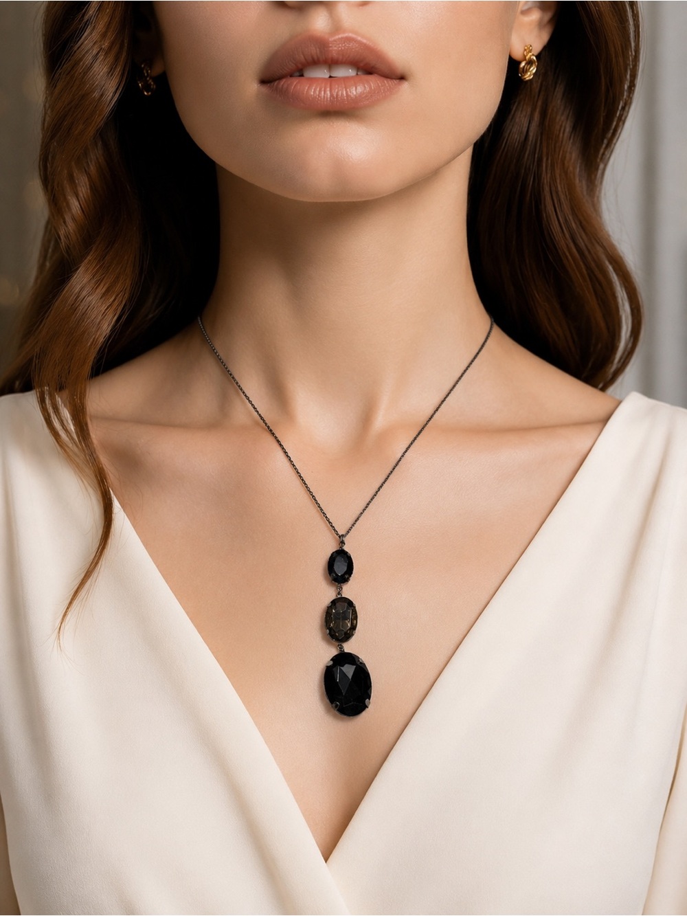 Black Smoky Crystal Statement Drop Pendant Necklace Gunmetal